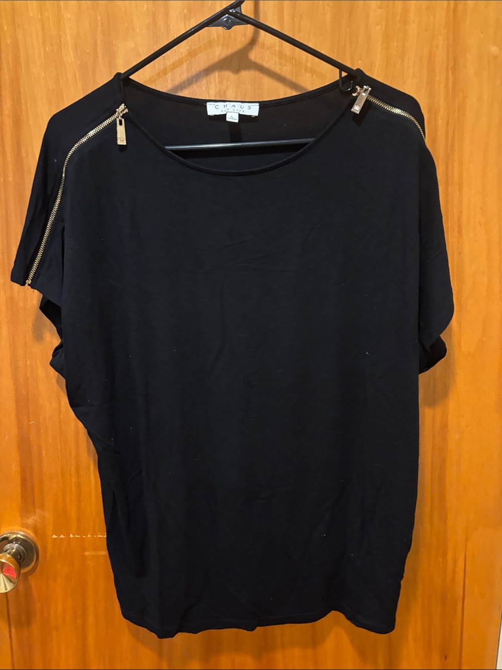 Chaus Black Short Sleeve Tee with Gold Accent Zippers